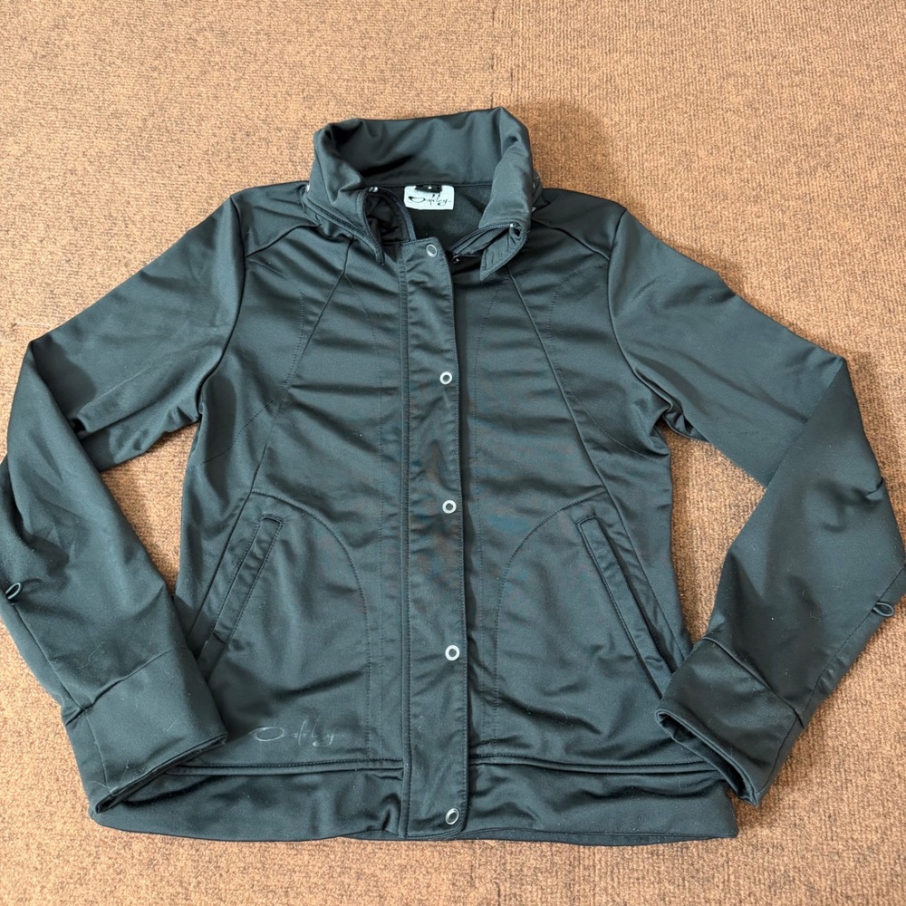 Oakley Womens‎ Full Zip Snap Front Athletic Jacket Black Small Logo Activewear